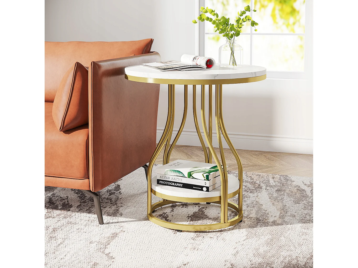 Tribesigns 2-laags ronde bijzettafel in witgoud, modern nachtkastje, kleine bijzettafel met opbergplank, accenttafel met metalen frame