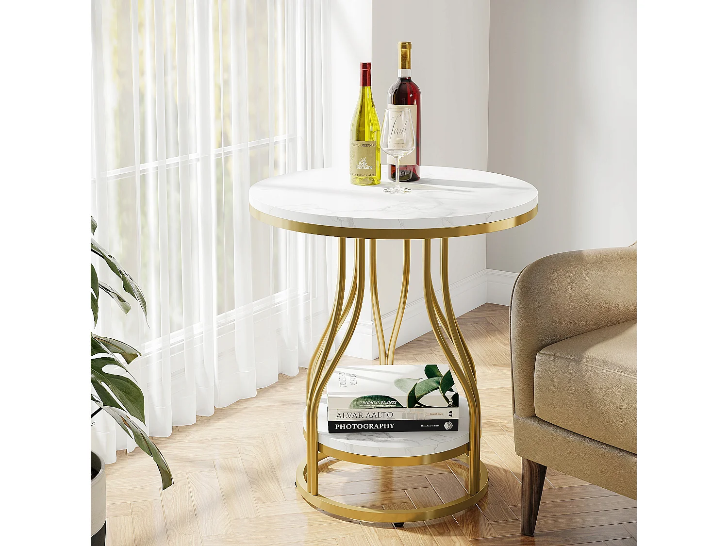 Tribesigns 2-laags ronde bijzettafel in witgoud, modern nachtkastje, kleine bijzettafel met opbergplank, accenttafel met metalen frame