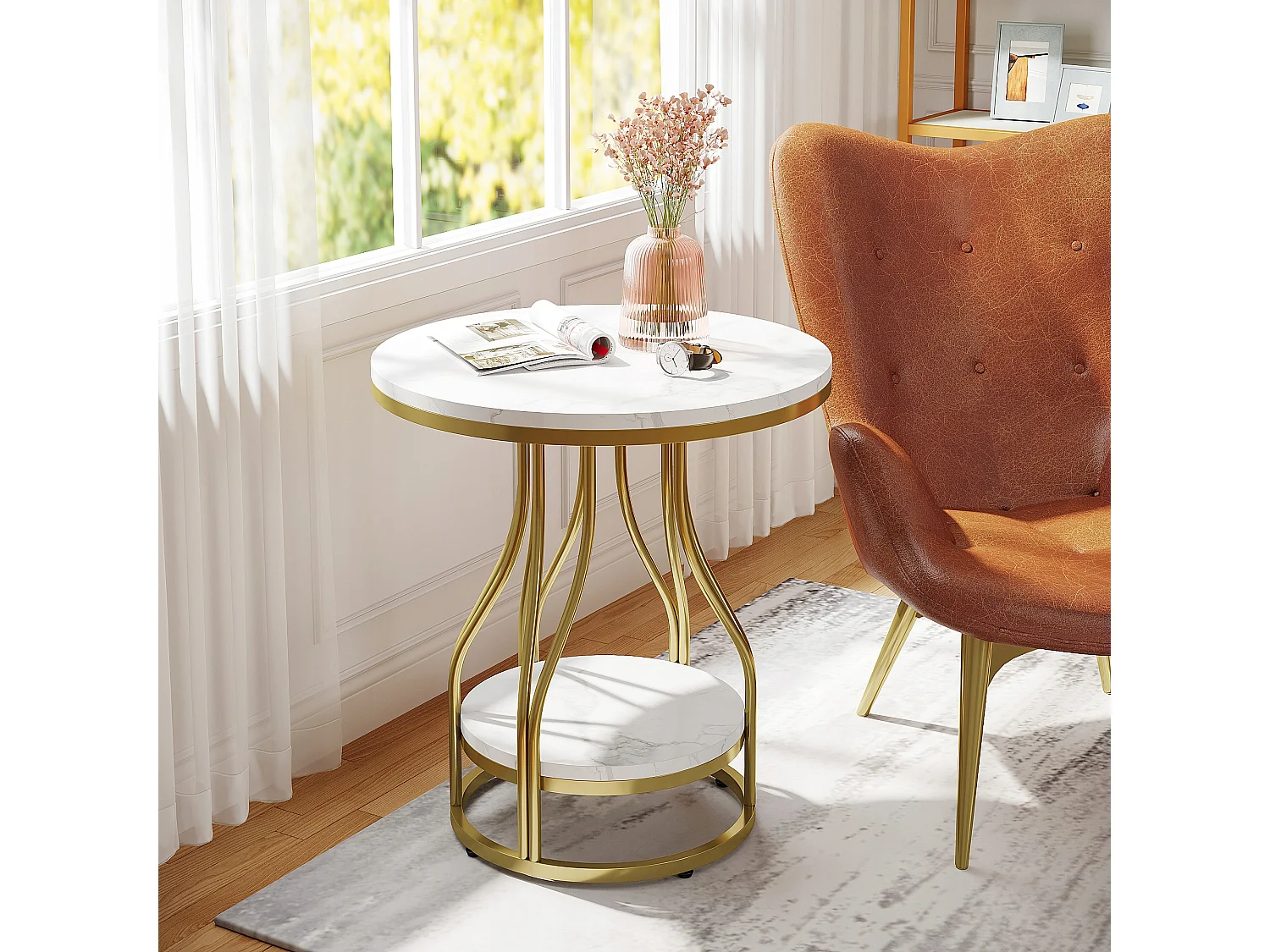 Tribesigns 2-laags ronde bijzettafel in witgoud, modern nachtkastje, kleine bijzettafel met opbergplank, accenttafel met metalen frame