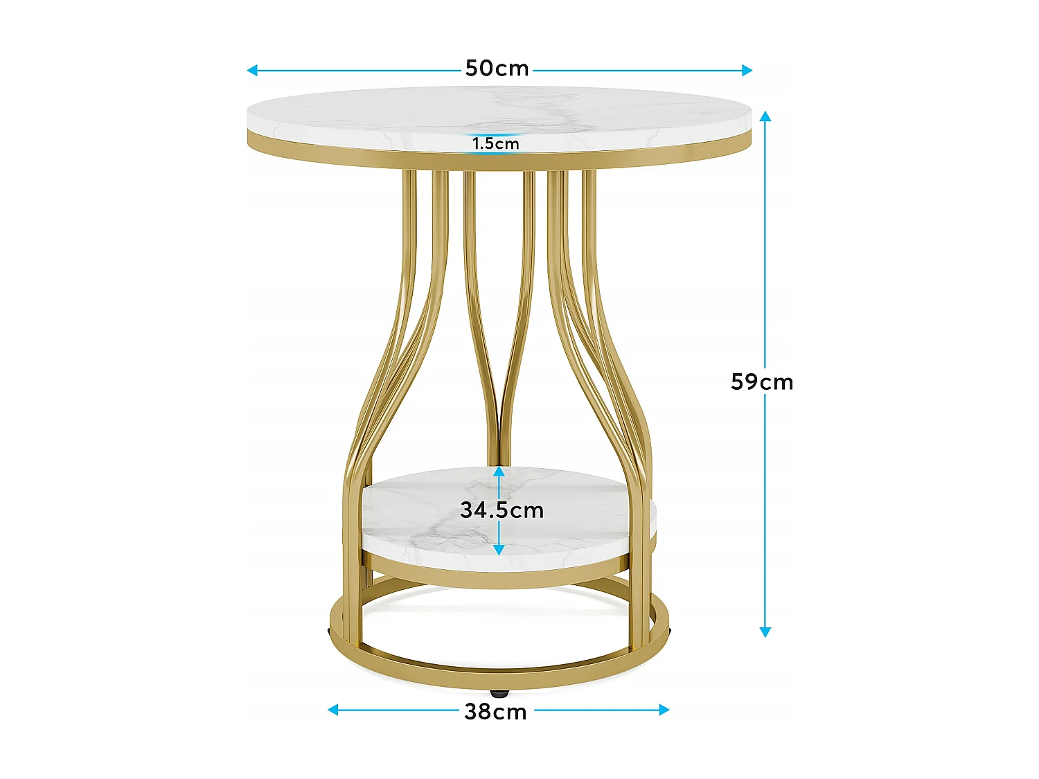Table d'appoint Ronde en Or Blanc à 2 Niveaux, Table de Chevet Moderne, Petite Table d'appoint avec étagère de Rangement