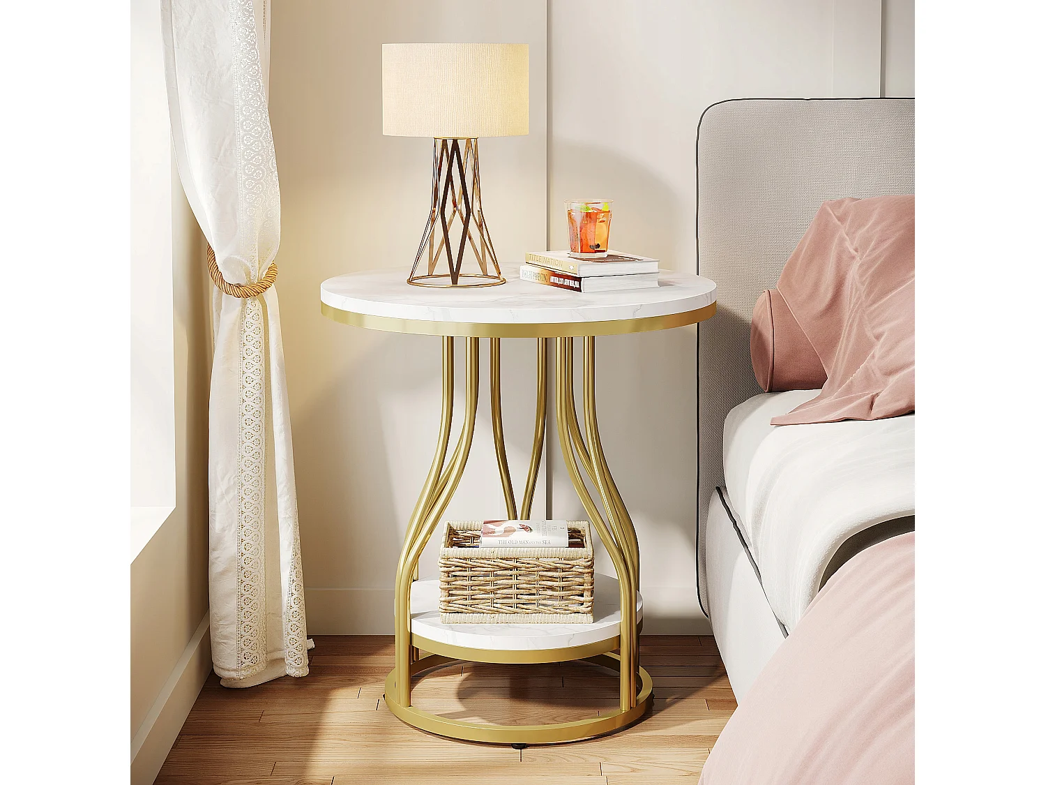 Table d'appoint Ronde en Or Blanc à 2 Niveaux, Table de Chevet Moderne, Petite Table d'appoint avec étagère de Rangement