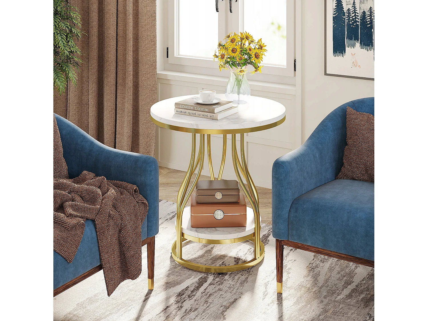 Table d'appoint Ronde en Or Blanc à 2 Niveaux, Table de Chevet Moderne, Petite Table d'appoint avec étagère de Rangement