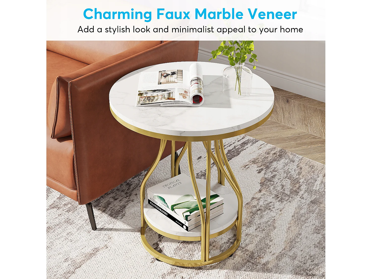 Table d'appoint Ronde en Or Blanc à 2 Niveaux, Table de Chevet Moderne, Petite Table d'appoint avec étagère de Rangement