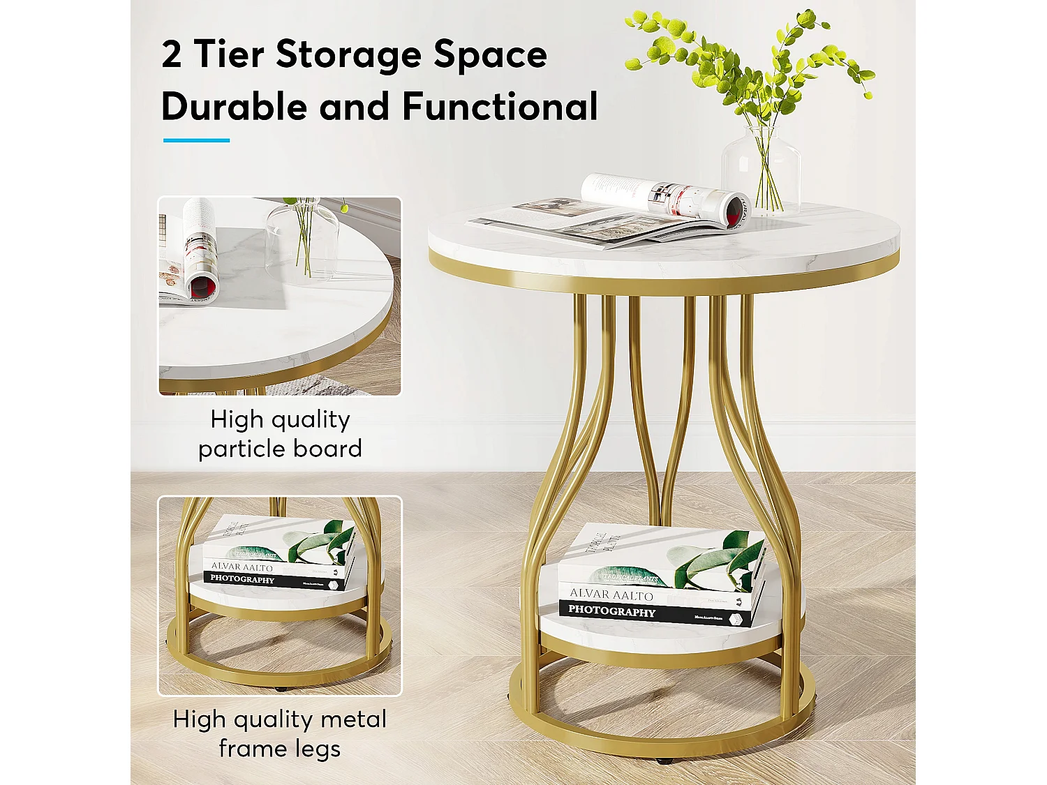 Table d'appoint Ronde en Or Blanc à 2 Niveaux, Table de Chevet Moderne, Petite Table d'appoint avec étagère de Rangement