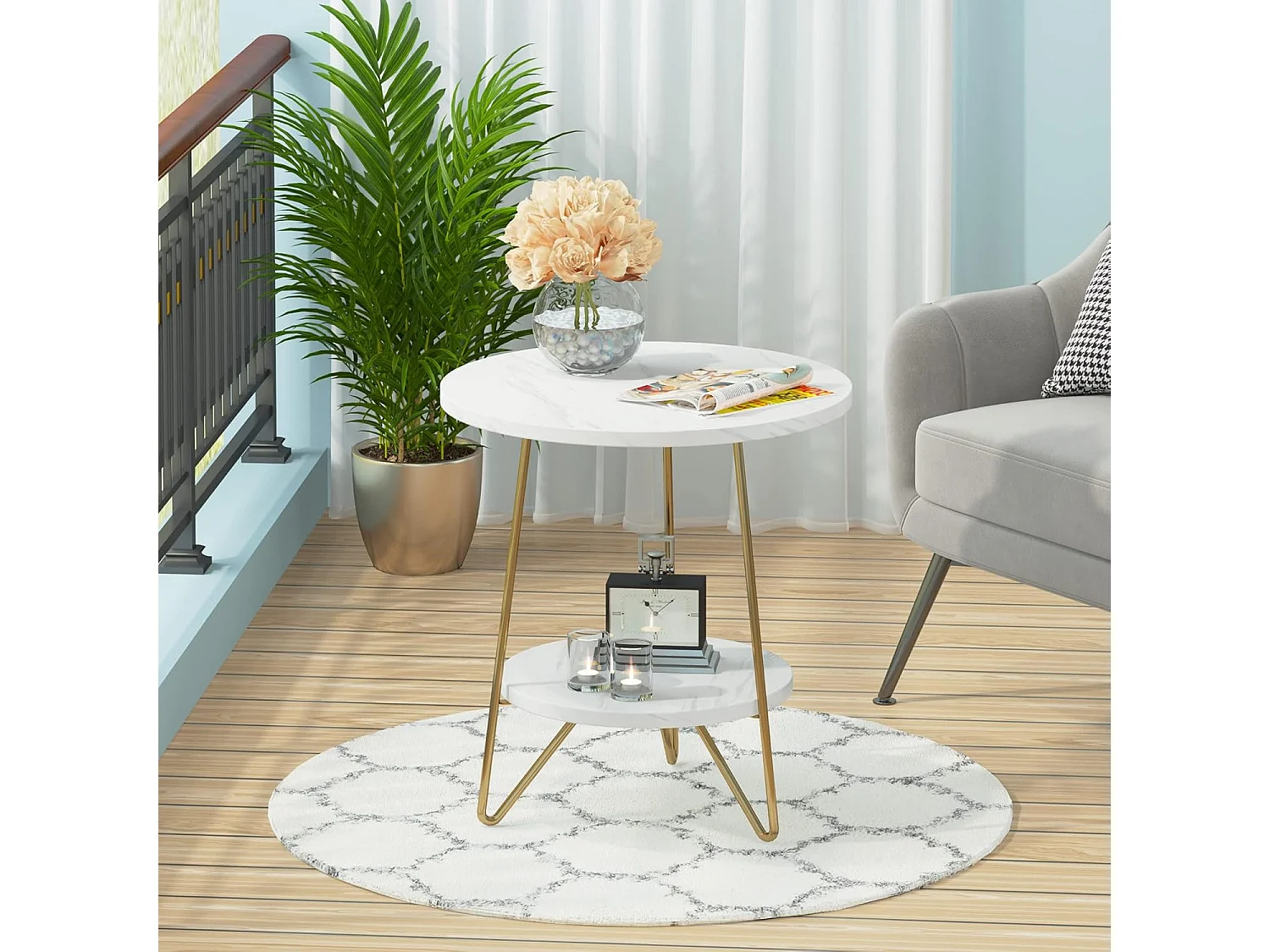 Table d'appoint en marbre Artificiel à 2 étages, Table d'appoint Ronde avec étagères, Table de Chevet Moderne dorée, Blanc et doré