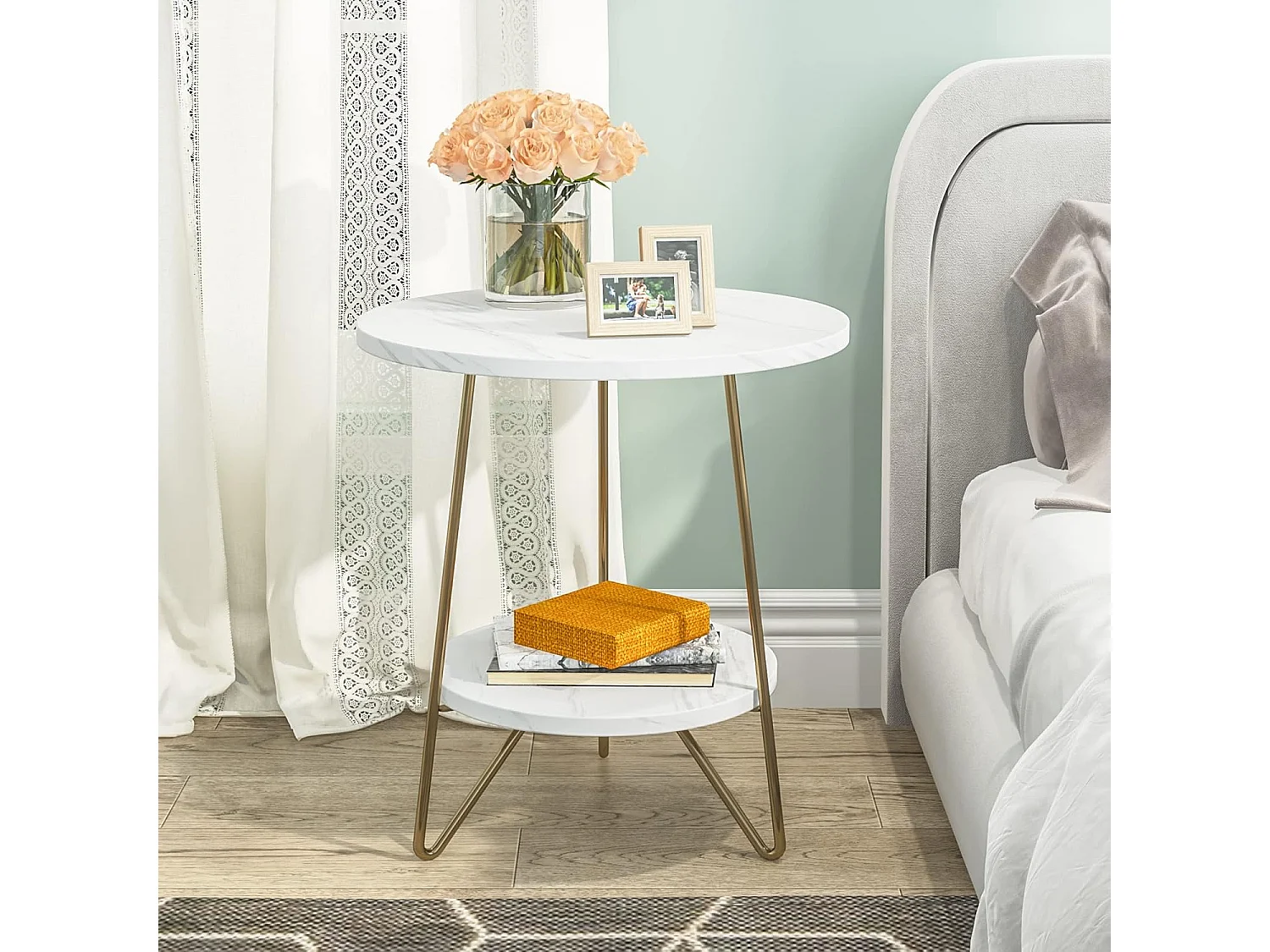 Table d'appoint en marbre Artificiel à 2 étages, Table d'appoint Ronde avec étagères, Table de Chevet Moderne dorée, Blanc et doré