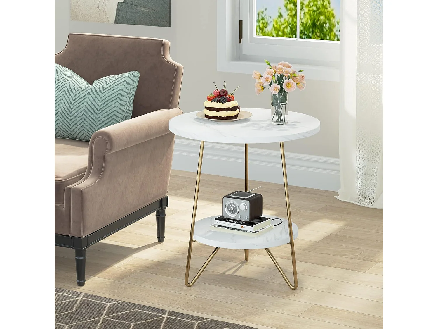 Table d'appoint en marbre Artificiel à 2 étages, Table d'appoint Ronde avec étagères, Table de Chevet Moderne dorée, Blanc et doré