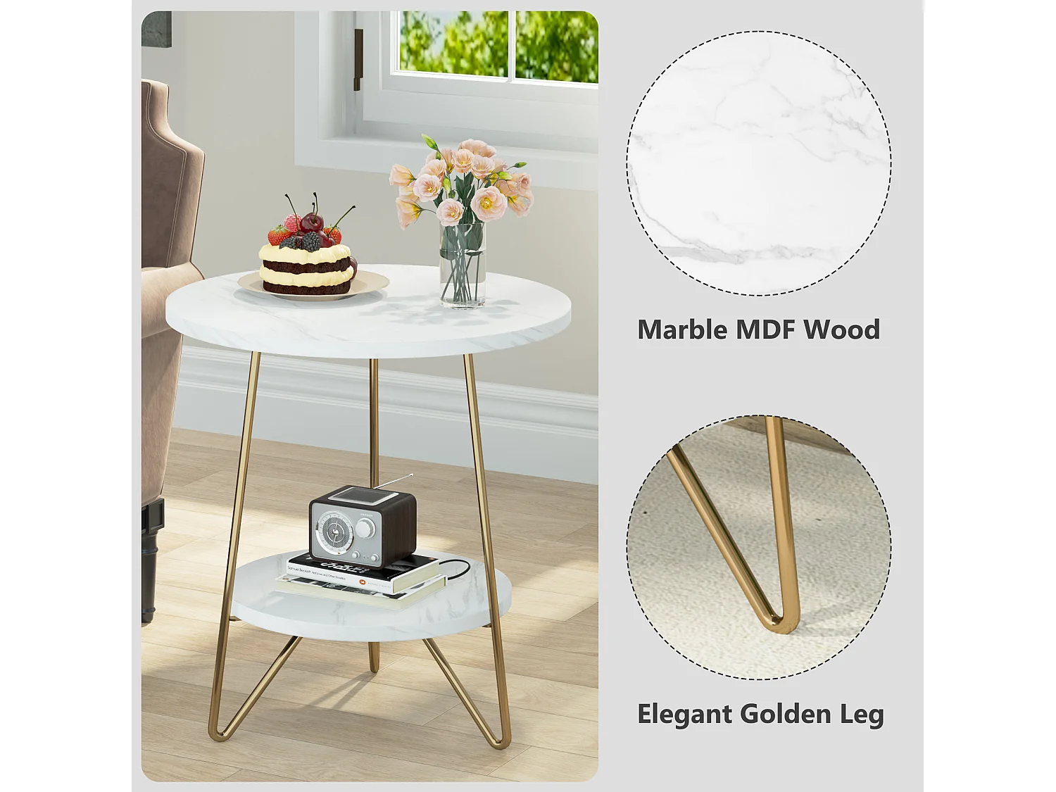 Table d'appoint en marbre Artificiel à 2 étages, Table d'appoint Ronde avec étagères, Table de Chevet Moderne dorée, Blanc et doré