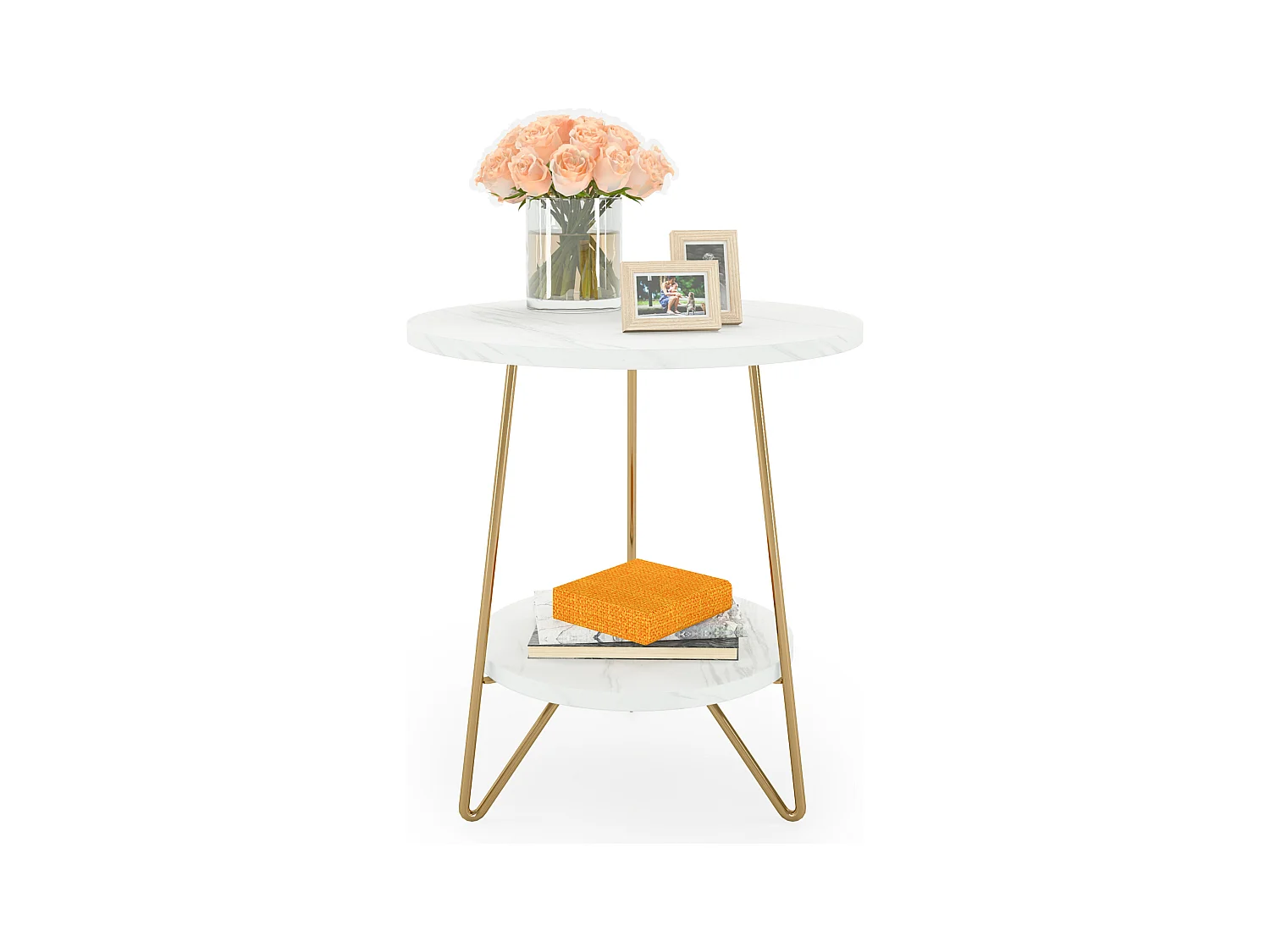 Table d'appoint en marbre Artificiel à 2 étages, Table d'appoint Ronde avec étagères, Table de Chevet Moderne dorée, Blanc et doré