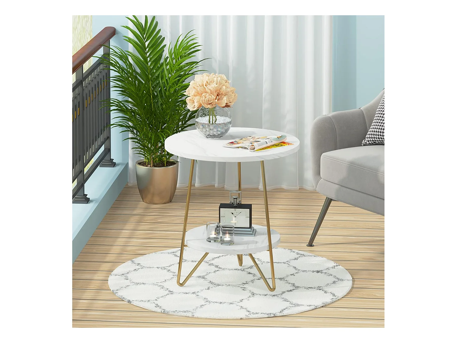 Dwupoziomowy stolik boczny z marmuru sztucznego, okrągły stolik boczny z półkami, nowoczesny złoty stolik nocny, biel i złoto