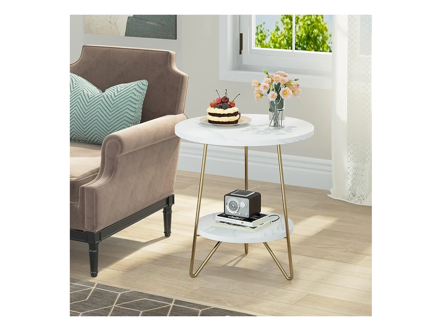 Dwupoziomowy stolik boczny z marmuru sztucznego, okrągły stolik boczny z półkami, nowoczesny złoty stolik nocny, biel i złoto