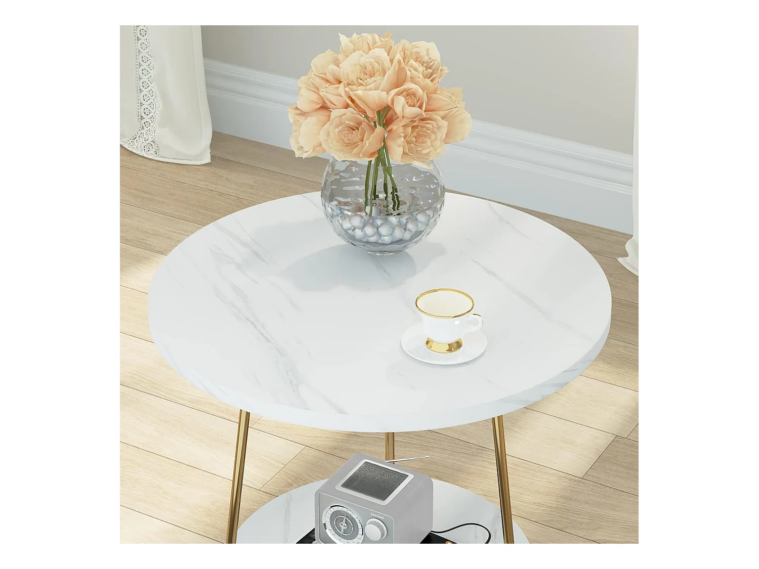 Dwupoziomowy stolik boczny z marmuru sztucznego, okrągły stolik boczny z półkami, nowoczesny złoty stolik nocny, biel i złoto