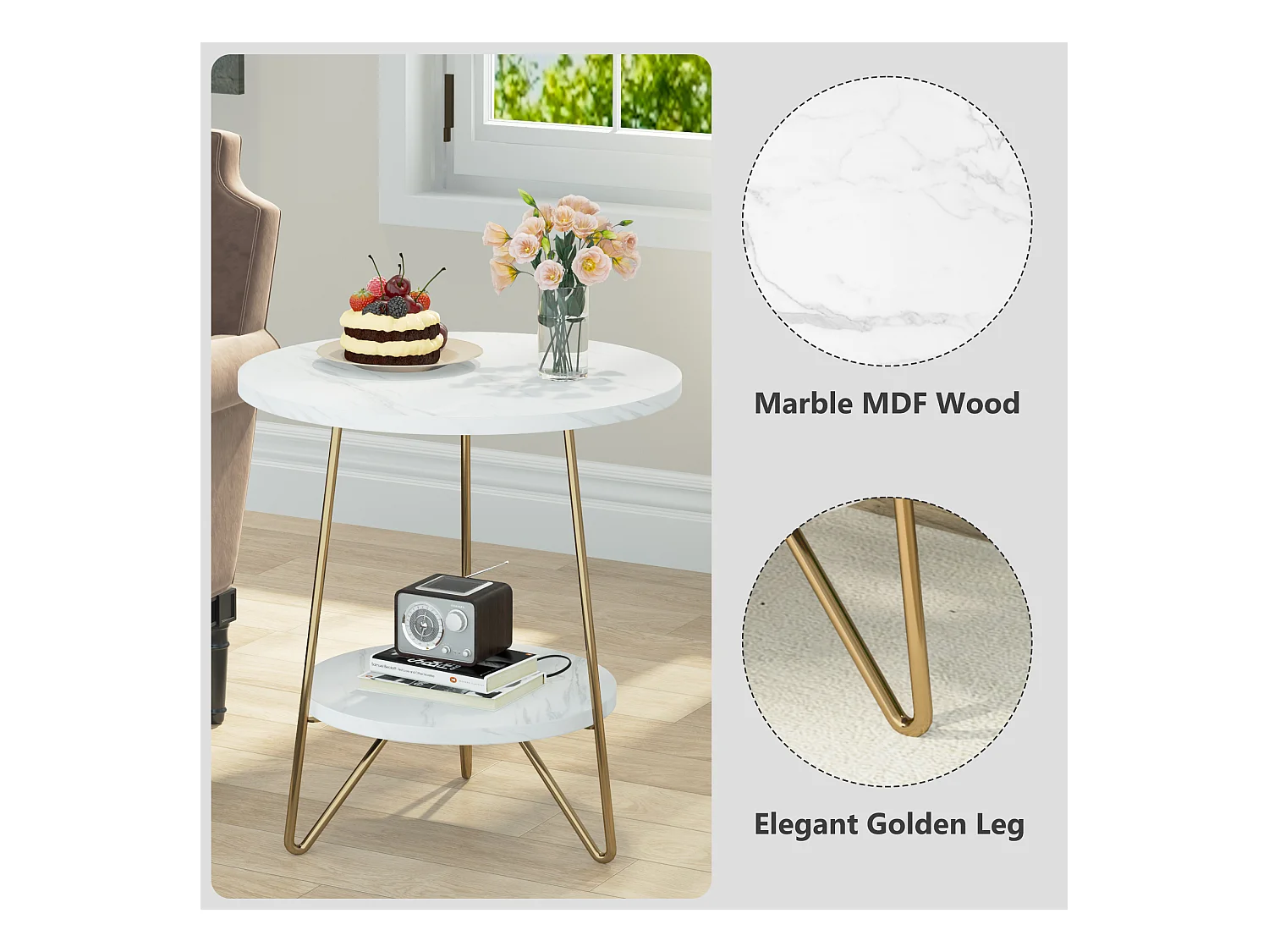 Dwupoziomowy stolik boczny z marmuru sztucznego, okrągły stolik boczny z półkami, nowoczesny złoty stolik nocny, biel i złoto