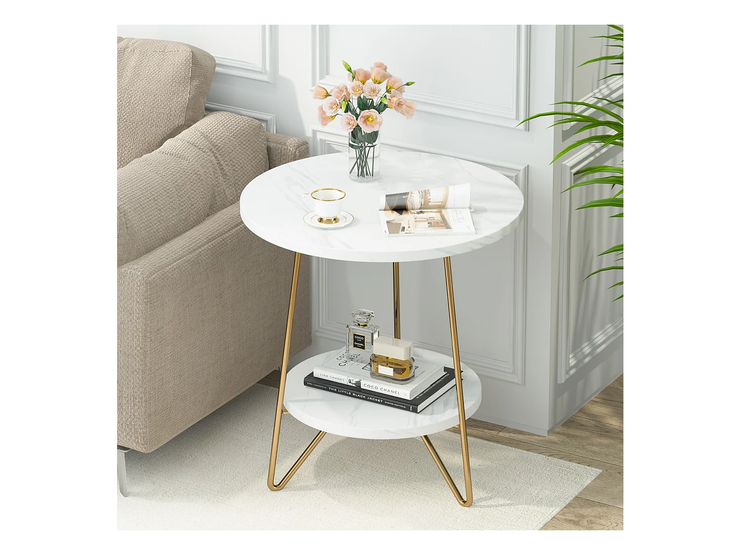 Dwupoziomowy stolik boczny z marmuru sztucznego, okrągły stolik boczny z półkami, nowoczesny złoty stolik nocny, biel i złoto