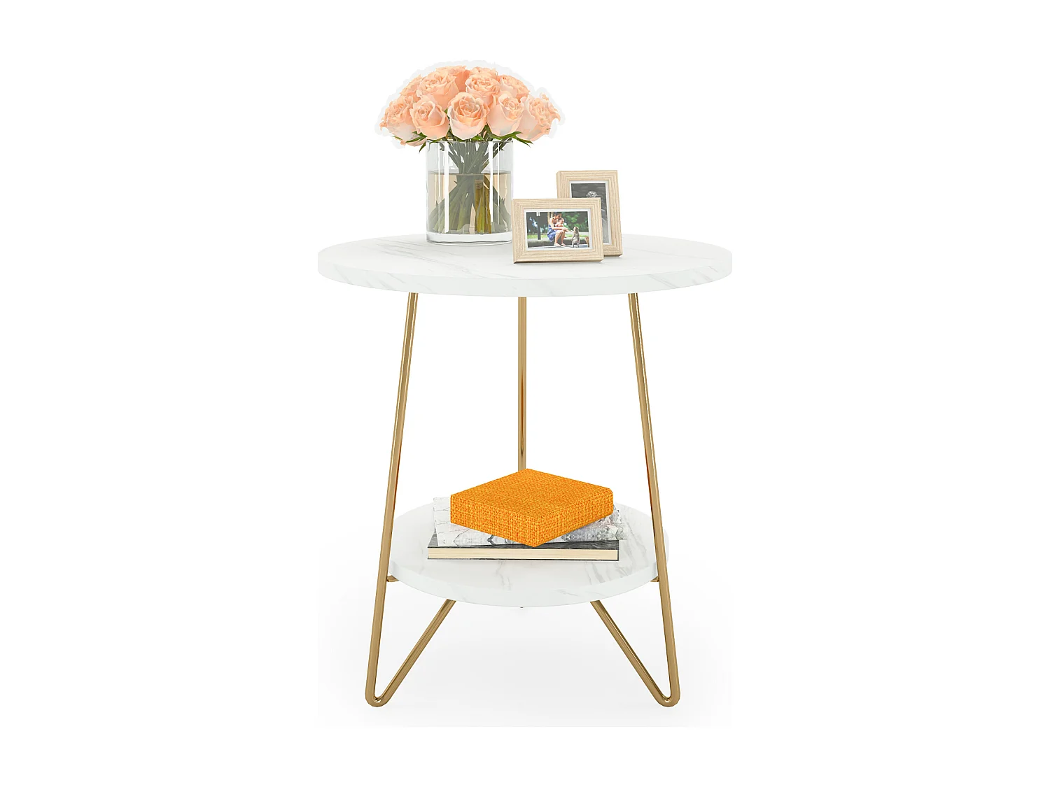 Table d'appoint en marbre Artificiel à 2 étages, Table d'appoint Ronde avec étagères, Table de Chevet Moderne dorée, Blanc et doré