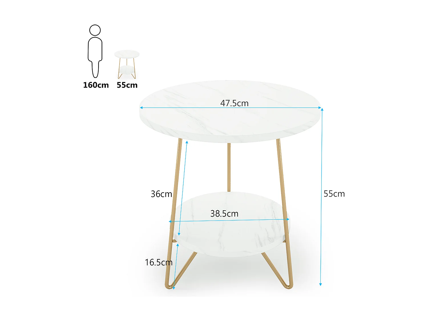 Table d'appoint en marbre Artificiel à 2 étages, Table d'appoint Ronde avec étagères, Table de Chevet Moderne dorée, Blanc et doré