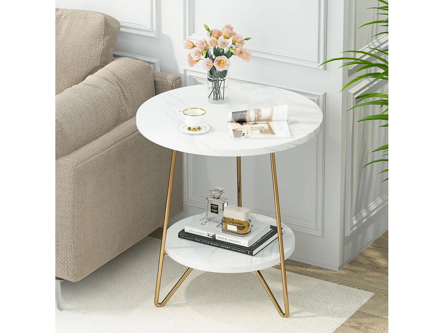 Table d'appoint en marbre Artificiel à 2 étages, Table d'appoint Ronde avec étagères, Table de Chevet Moderne dorée, Blanc et doré