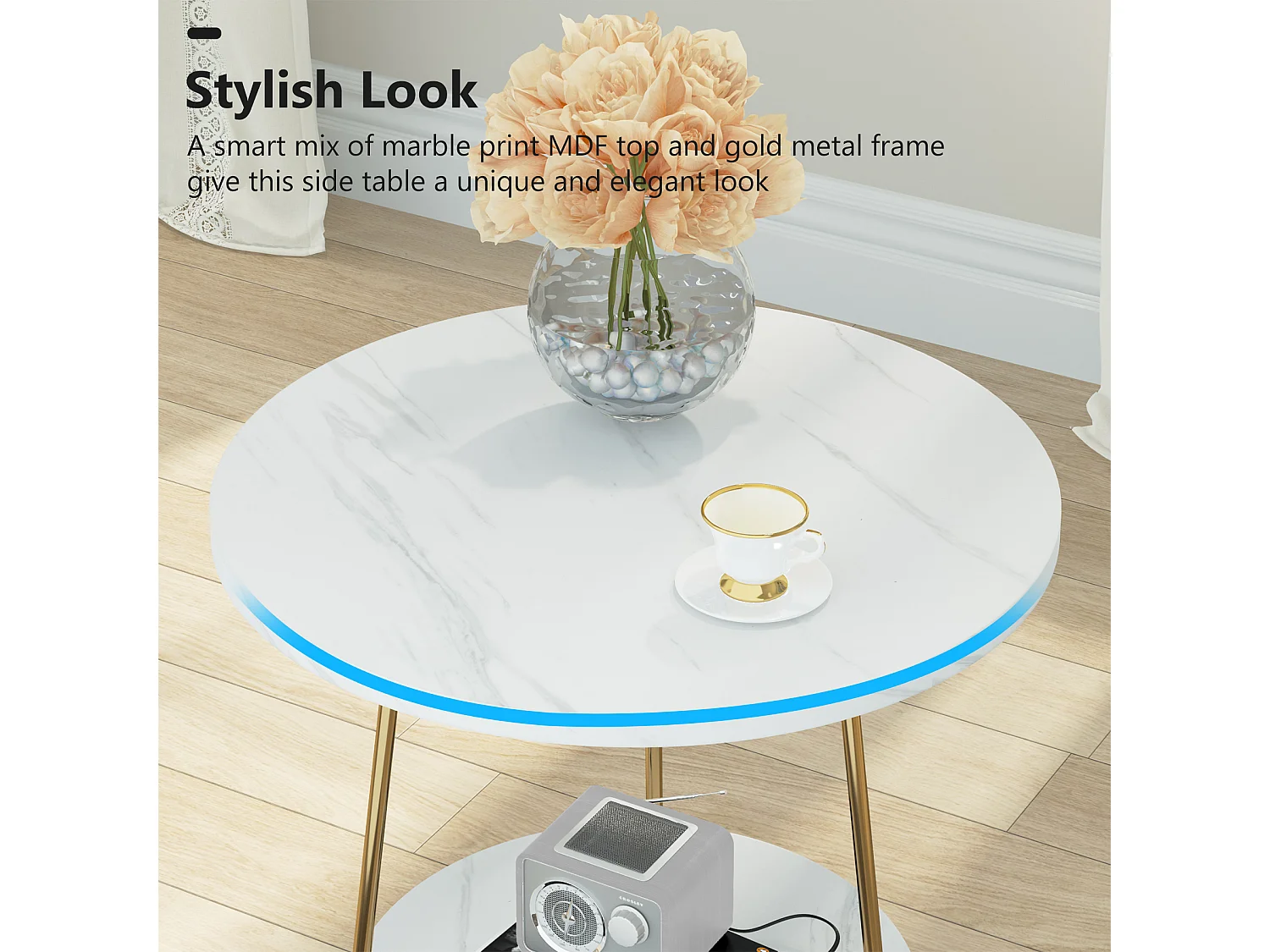 Table d'appoint en marbre Artificiel à 2 étages, Table d'appoint Ronde avec étagères, Table de Chevet Moderne dorée, Blanc et doré