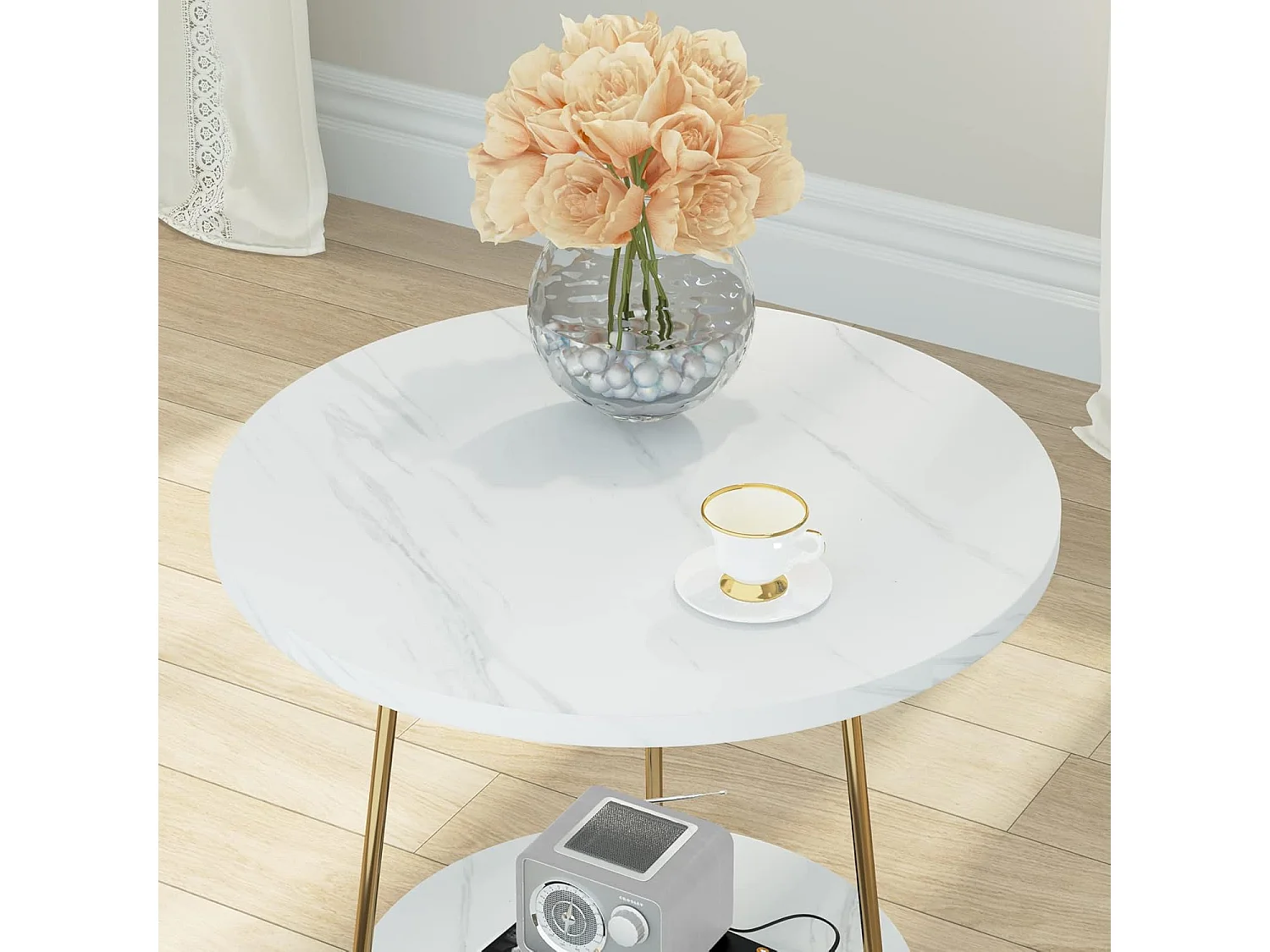 Table d'appoint en marbre Artificiel à 2 étages, Table d'appoint Ronde avec étagères, Table de Chevet Moderne dorée, Blanc et doré