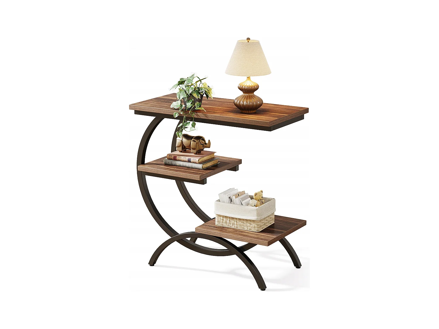 Houten bijzettafel, kleine salontafel, nachtkastje, bijzettafel met 3 planken voor woonkamer, slaapkamer, donkerbruin