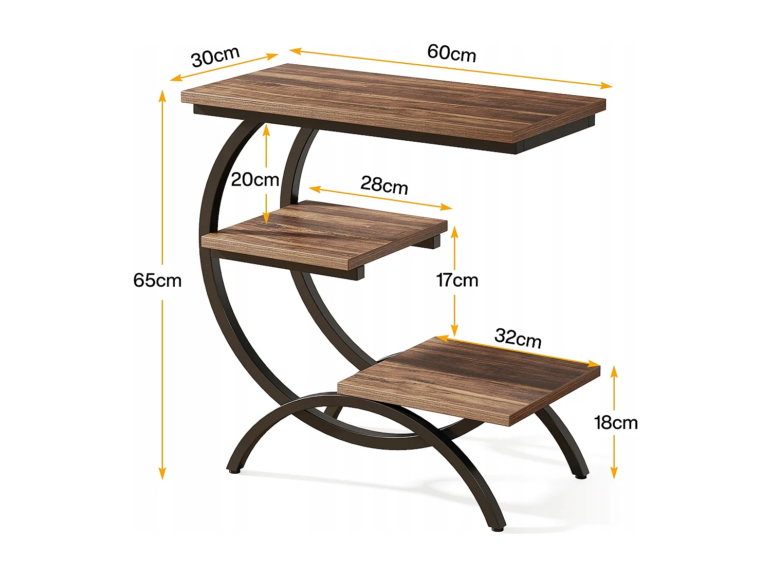 Table d'Appoint Bois, Petite Table Basses, Table de Chevet, Bout de Canapé avec 3 Étagères pour Salon, Chambre à Coucher, Marron Foncé