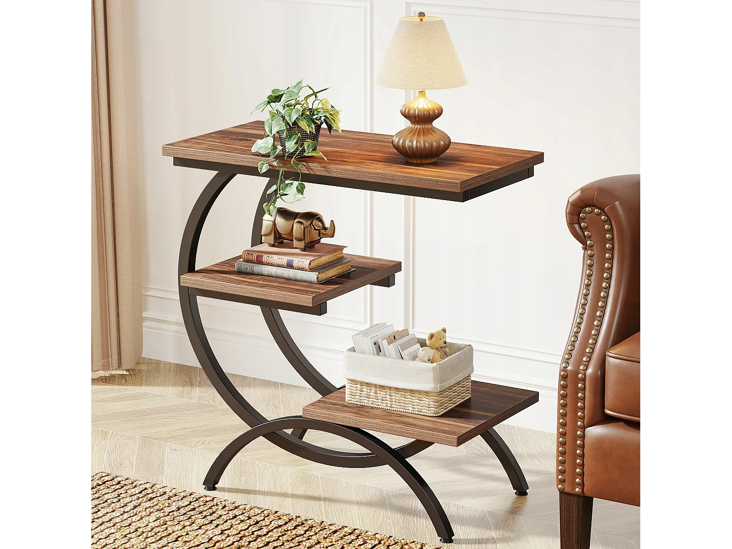 Table d'Appoint Bois, Petite Table Basses, Table de Chevet, Bout de Canapé avec 3 Étagères pour Salon, Chambre à Coucher, Marron Foncé