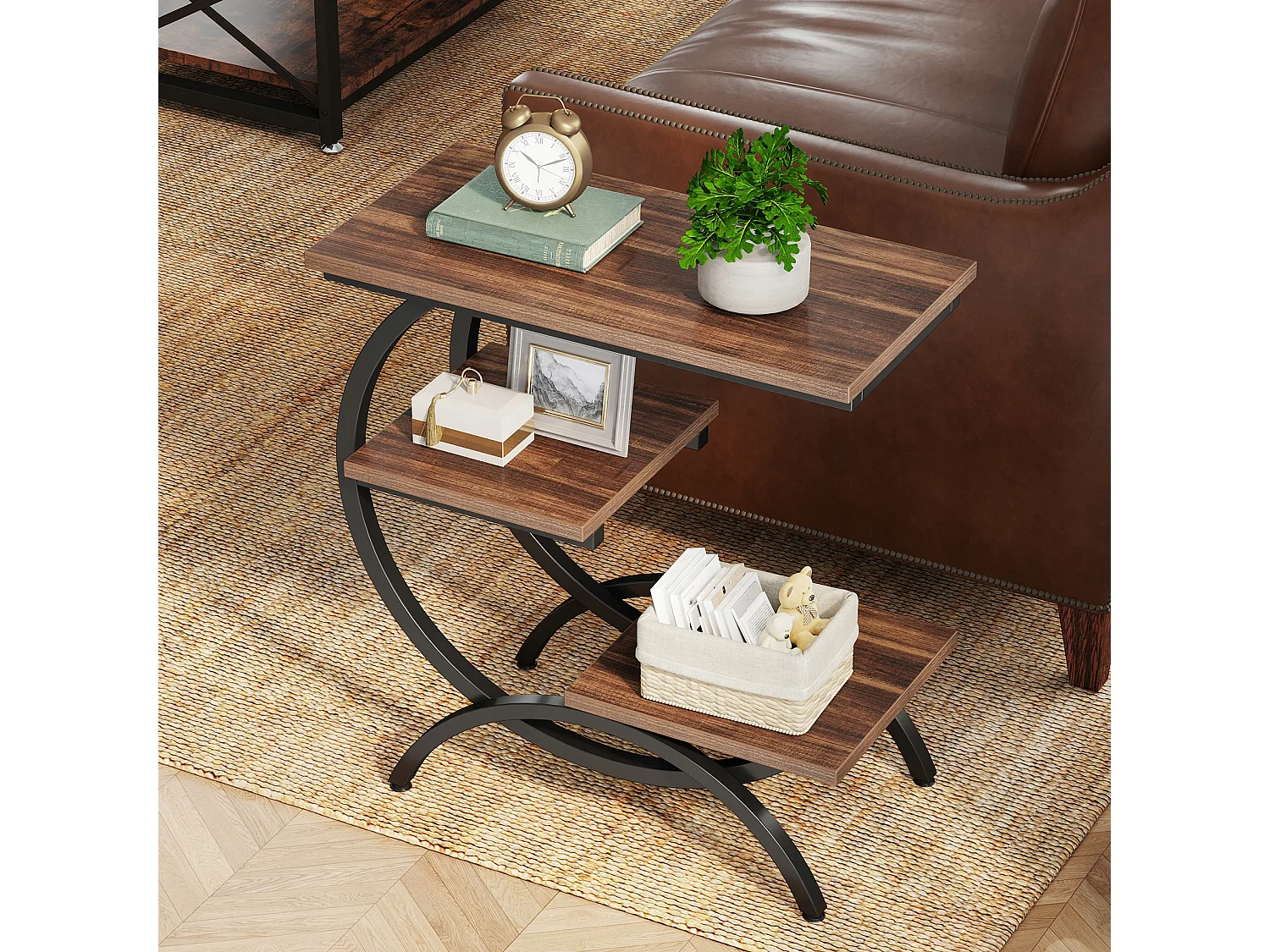 Table d'Appoint Bois, Petite Table Basses, Table de Chevet, Bout de Canapé avec 3 Étagères pour Salon, Chambre à Coucher, Marron Foncé