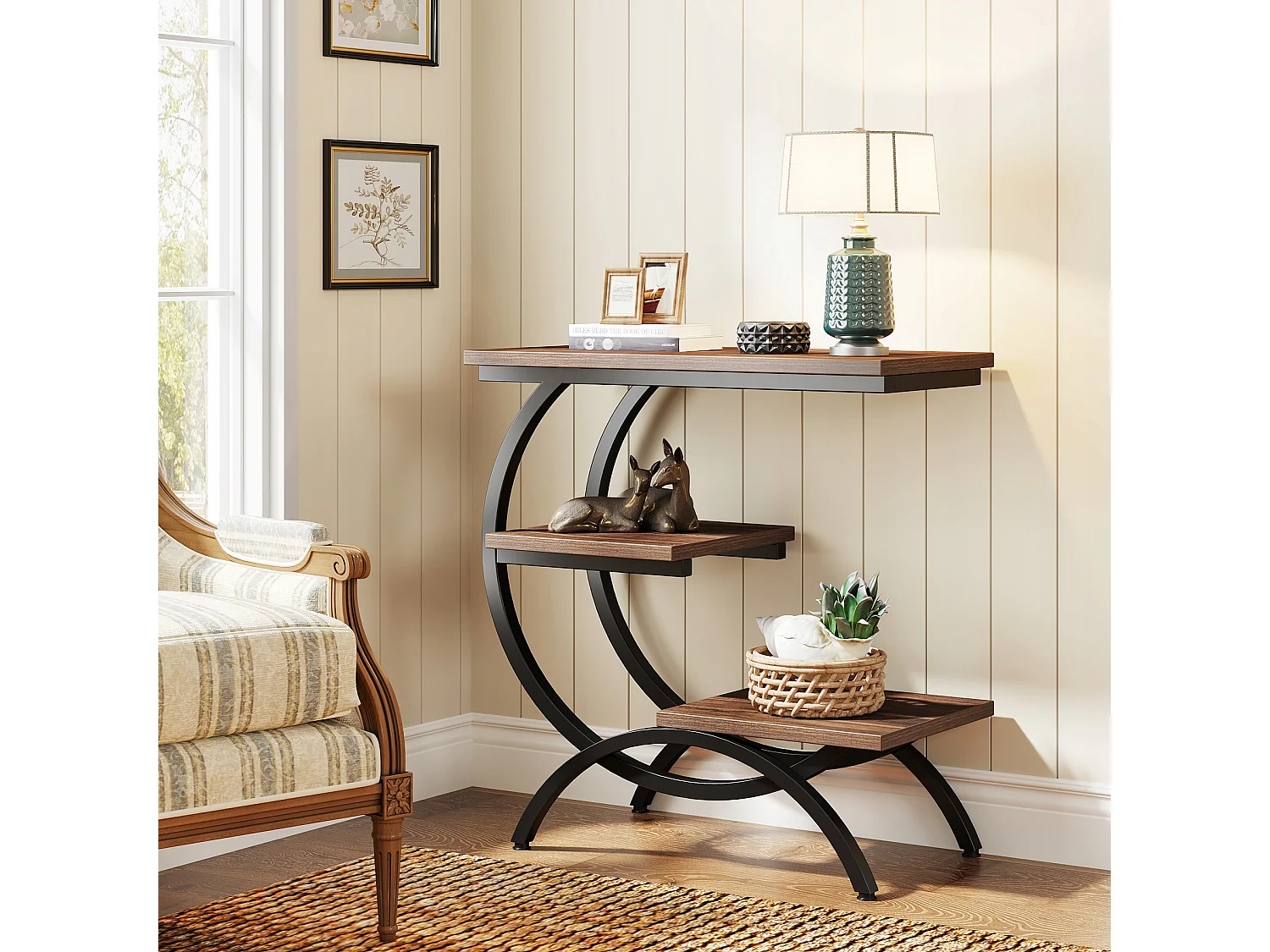 Table d'Appoint Bois, Petite Table Basses, Table de Chevet, Bout de Canapé avec 3 Étagères pour Salon, Chambre à Coucher, Marron Foncé