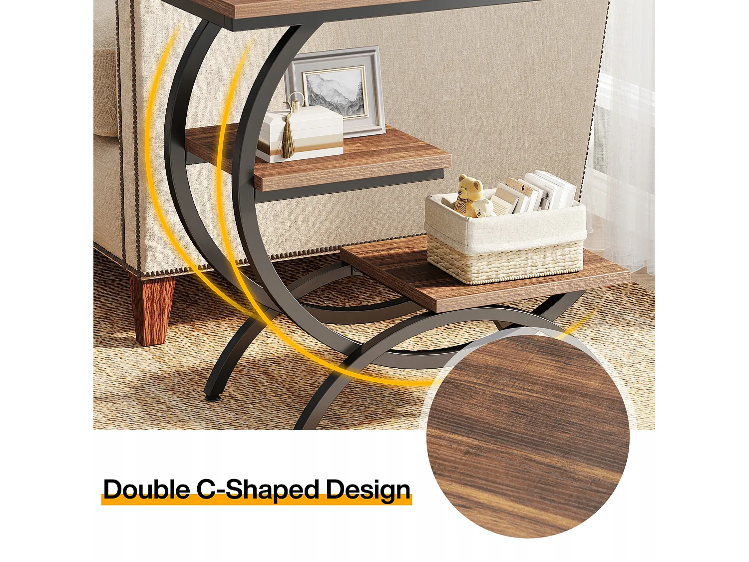 Table d'Appoint Bois, Petite Table Basses, Table de Chevet, Bout de Canapé avec 3 Étagères pour Salon, Chambre à Coucher, Marron Foncé