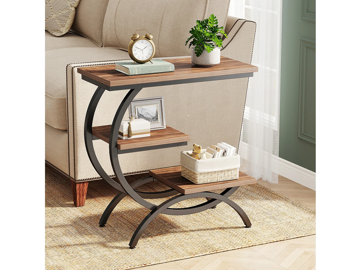 Table d'Appoint Bois, Petite Table Basses, Table de Chevet, Bout de Canapé avec 3 Étagères pour Salon, Chambre à Coucher, Marron Foncé