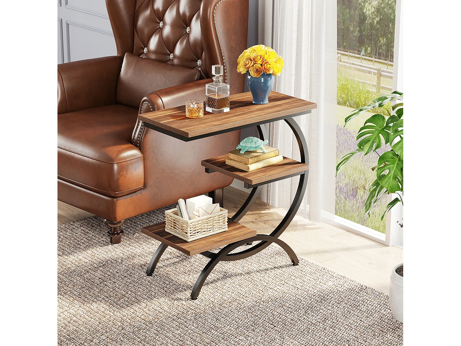 Table d'Appoint Bois, Petite Table Basses, Table de Chevet, Bout de Canapé avec 3 Étagères pour Salon, Chambre à Coucher, Marron Foncé