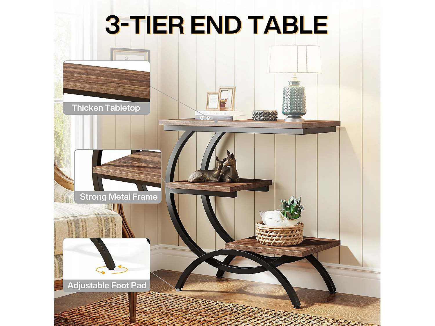 Table d'Appoint Bois, Petite Table Basses, Table de Chevet, Bout de Canapé avec 3 Étagères pour Salon, Chambre à Coucher, Marron Foncé