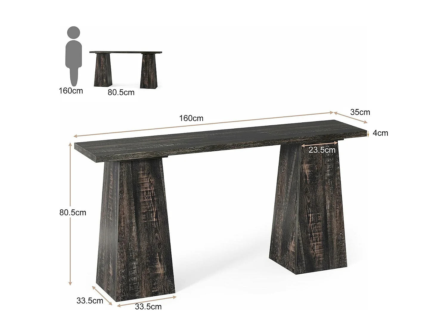 Table console rustique Table d'entrée en bois pour le salon, 160cm Tables d'appoint pour le couloir avec double socle pour l'entrée
