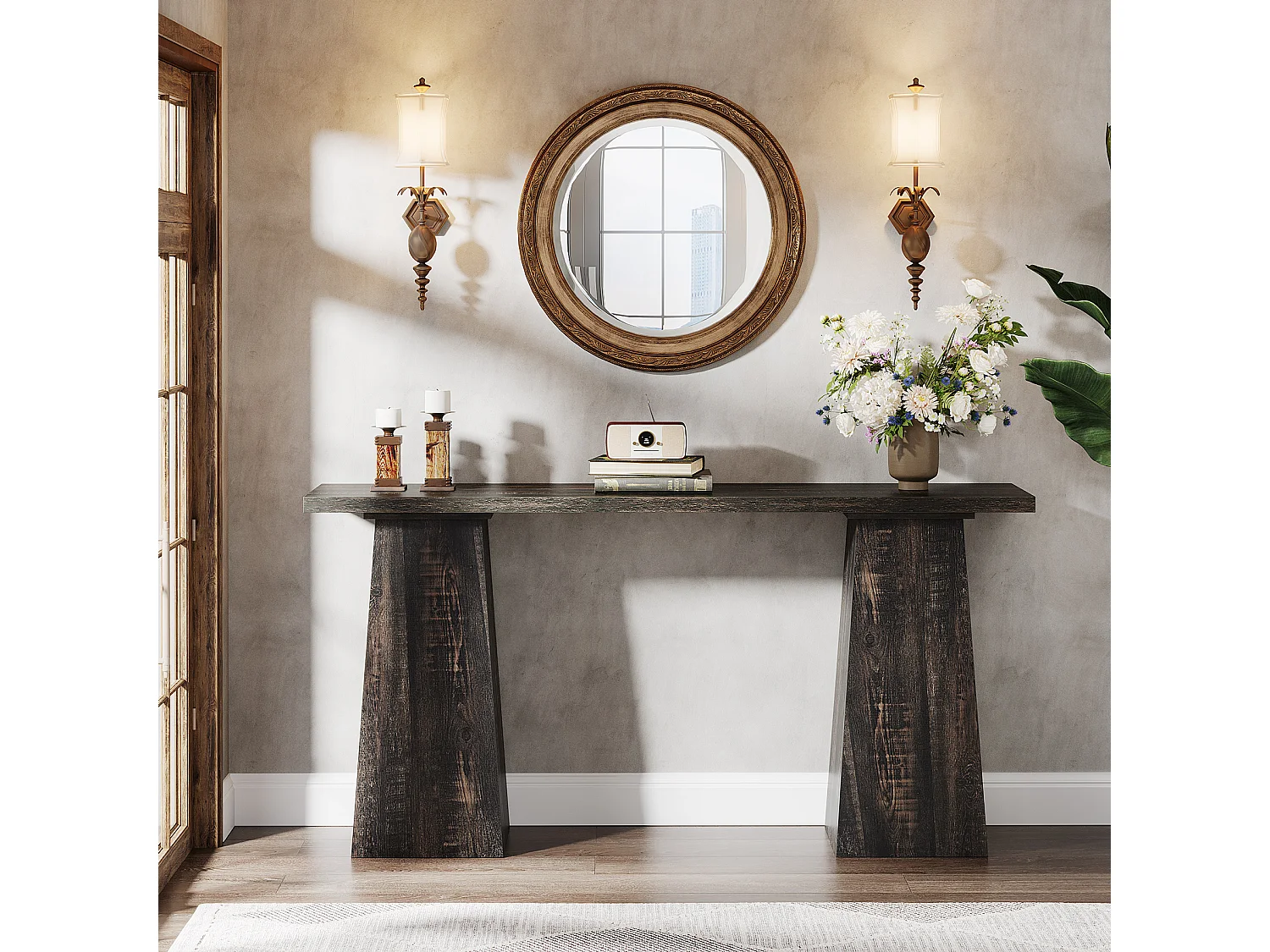 Table console rustique Table d'entrée en bois pour le salon, 160cm Tables d'appoint pour le couloir avec double socle pour l'entrée