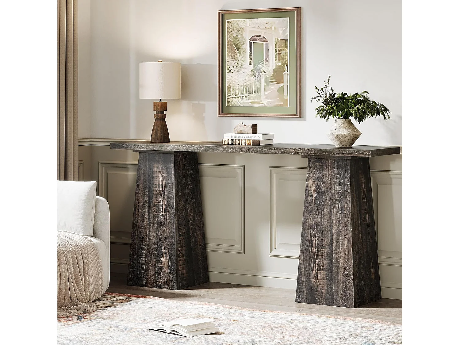 Table console rustique Table d'entrée en bois pour le salon, 160cm Tables d'appoint pour le couloir avec double socle pour l'entrée