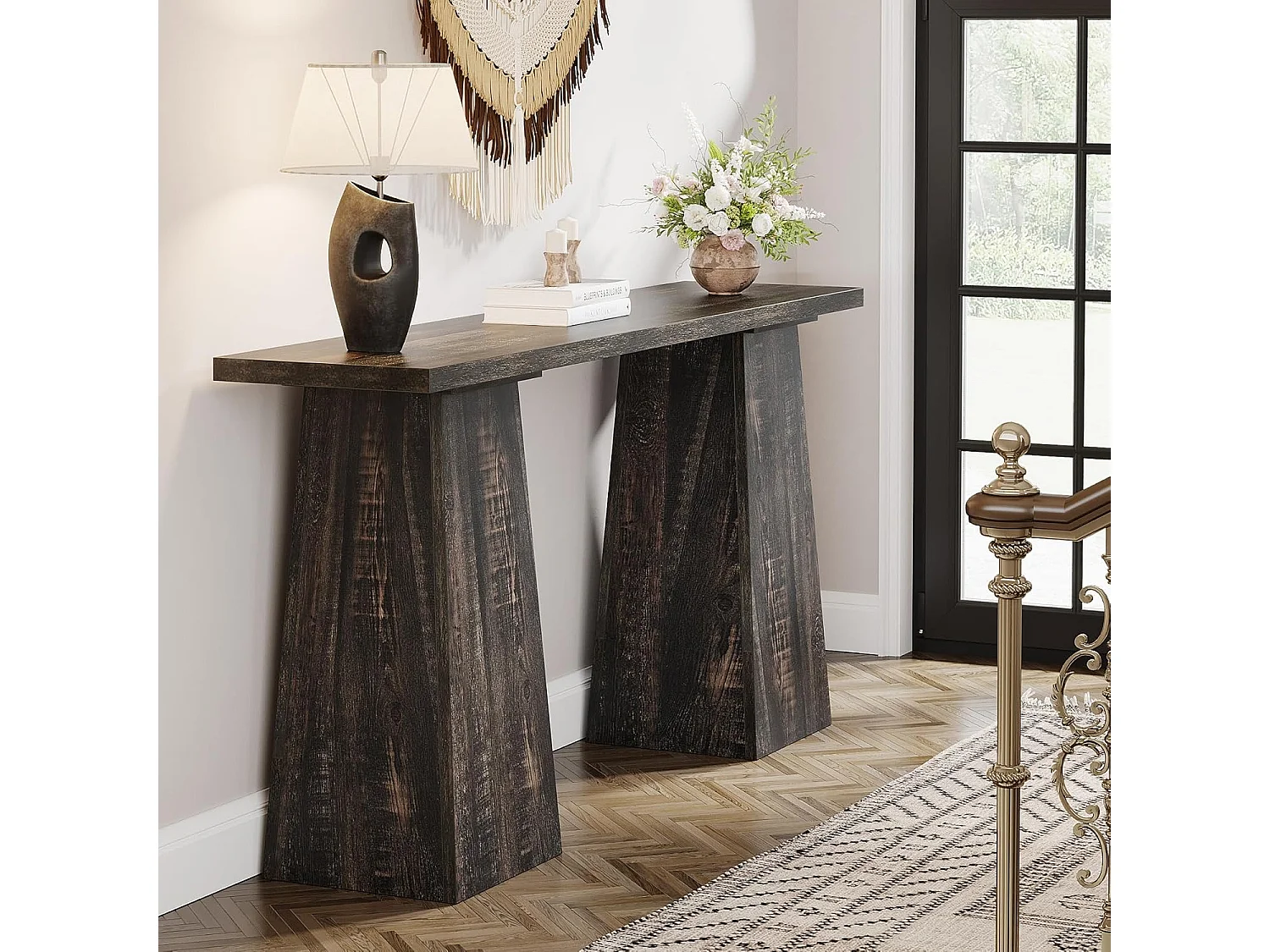 Table console rustique Table d'entrée en bois pour le salon, 160cm Tables d'appoint pour le couloir avec double socle pour l'entrée