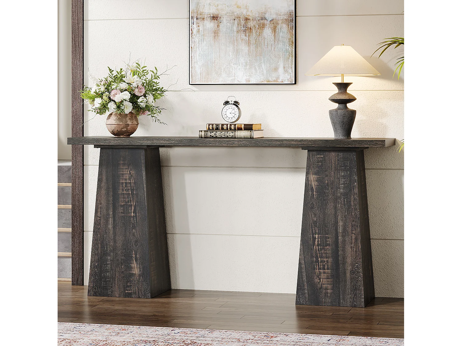 Table console rustique Table d'entrée en bois pour le salon, 160cm Tables d'appoint pour le couloir avec double socle pour l'entrée