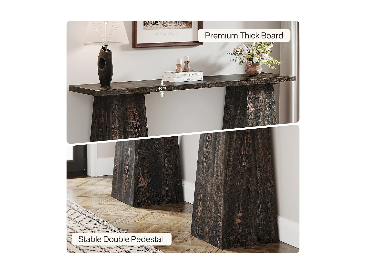 Table console rustique Table d'entrée en bois pour le salon, 160cm Tables d'appoint pour le couloir avec double socle pour l'entrée