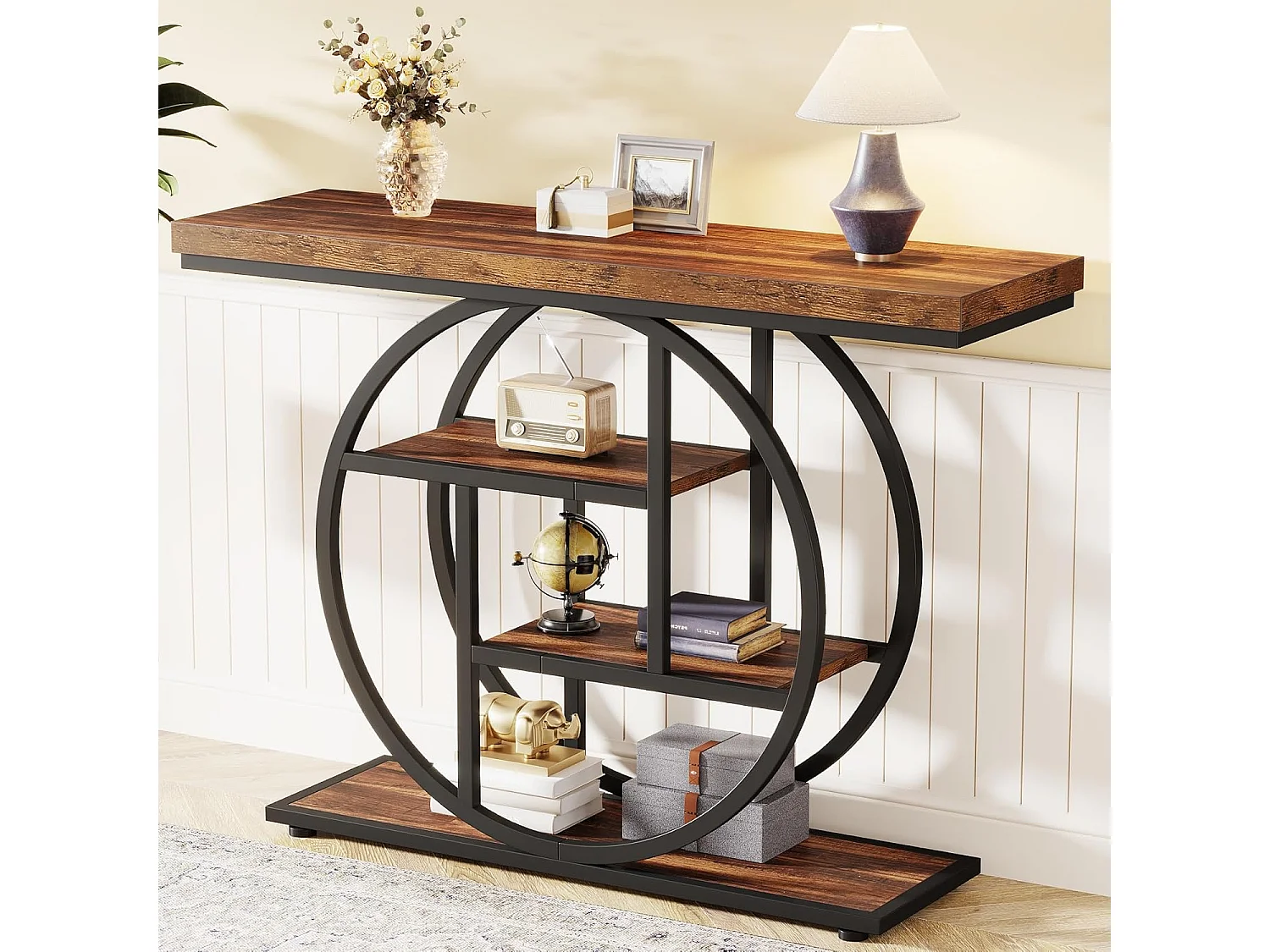 Mesa consola industrial de 4 niveles de 41,5" con base circular, mesas auxiliares estrechas de madera con estantes de almacenamiento para sala de estar, pasillo, vestíbulo, marrón rústico