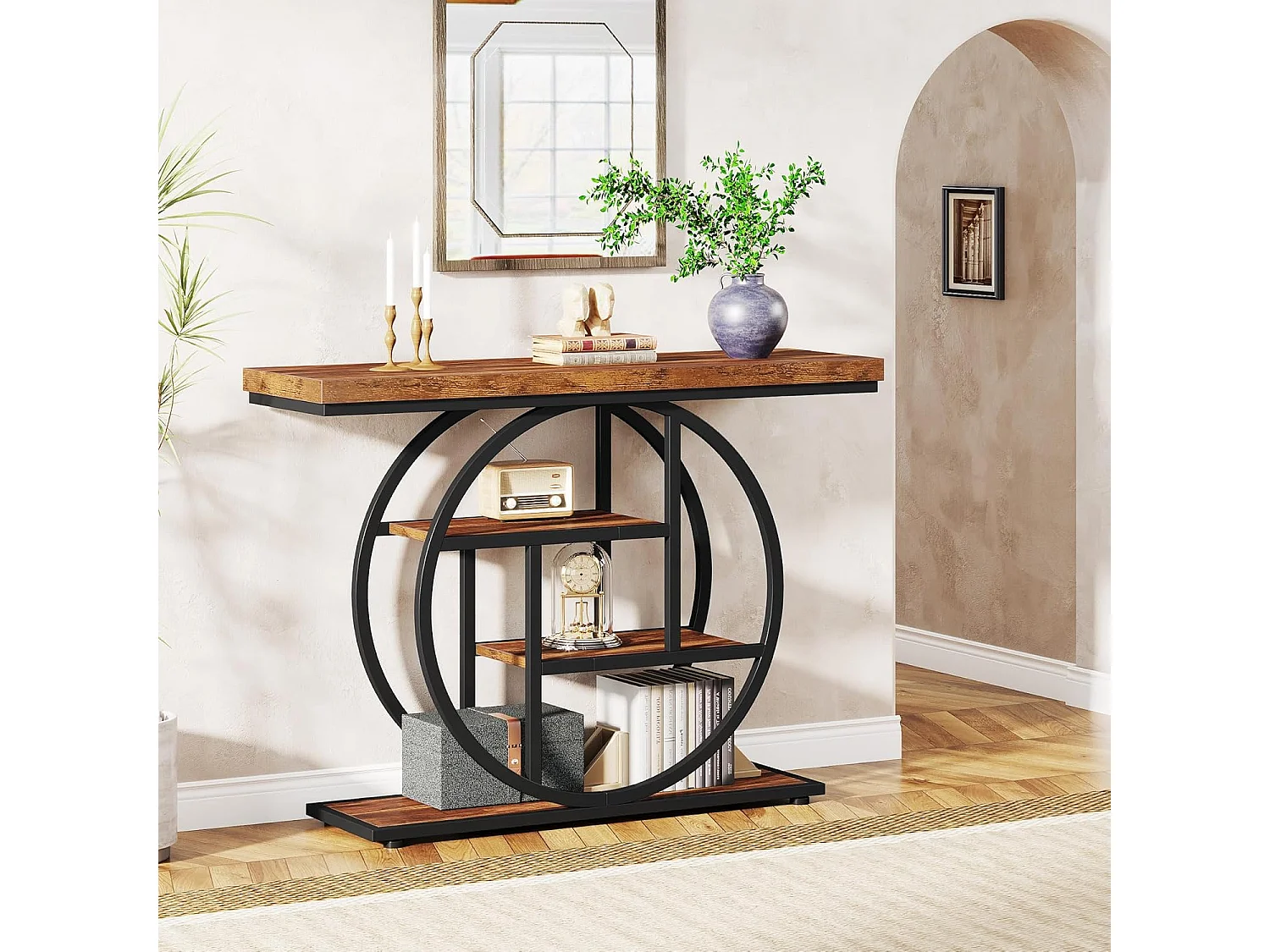 Mesa consola industrial de 4 niveles de 41,5" con base circular, mesas auxiliares estrechas de madera con estantes de almacenamiento para sala de estar, pasillo, vestíbulo, marrón rústico