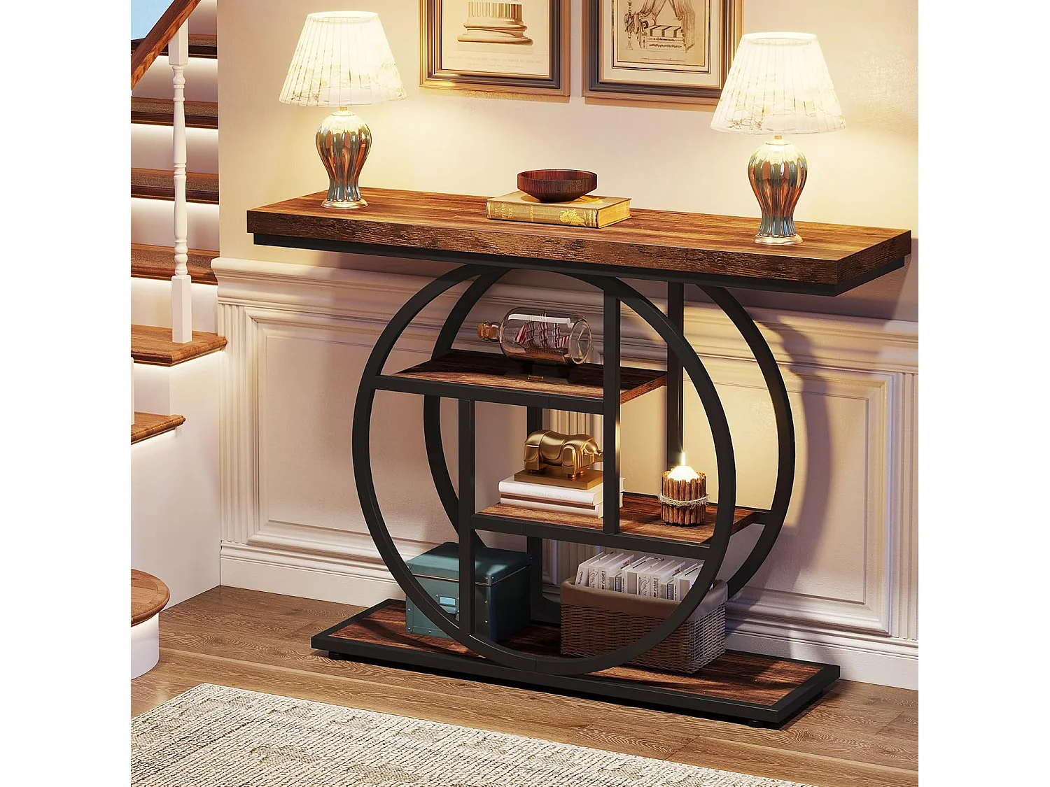 Mesa consola industrial de 4 niveles de 41,5" con base circular, mesas auxiliares estrechas de madera con estantes de almacenamiento para sala de estar, pasillo, vestíbulo, marrón rústico