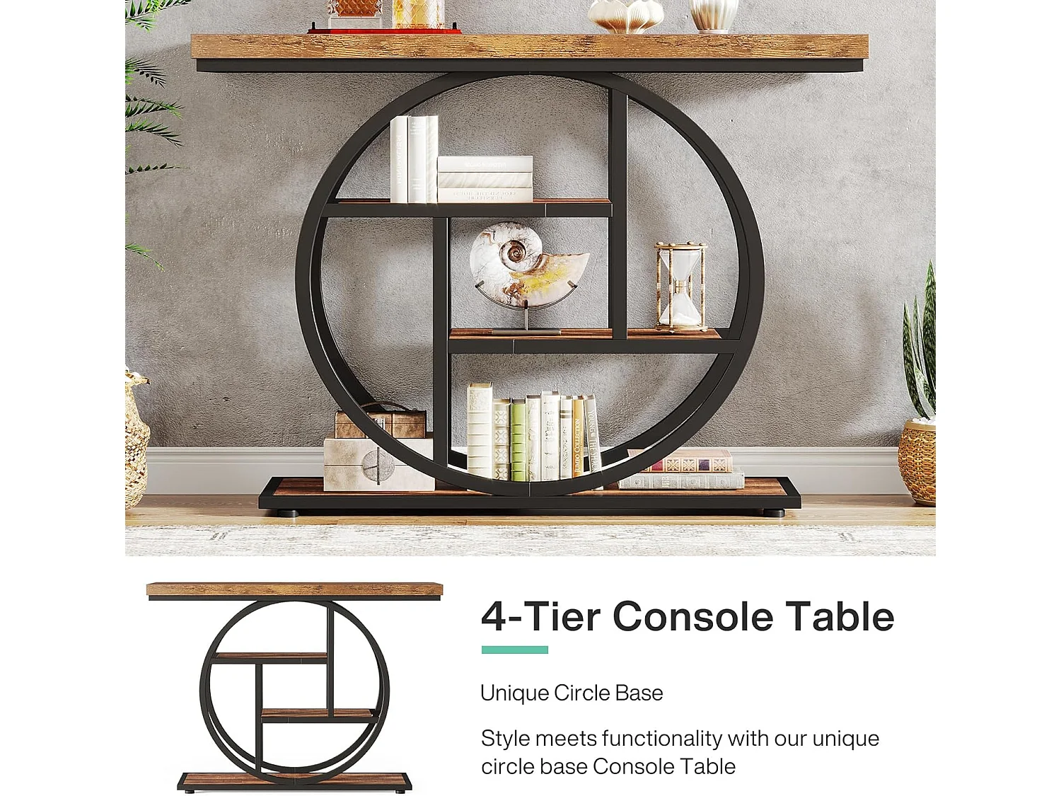 Mesa consola industrial de 4 niveles de 41,5" con base circular, mesas auxiliares estrechas de madera con estantes de almacenamiento para sala de estar, pasillo, vestíbulo, marrón rústico