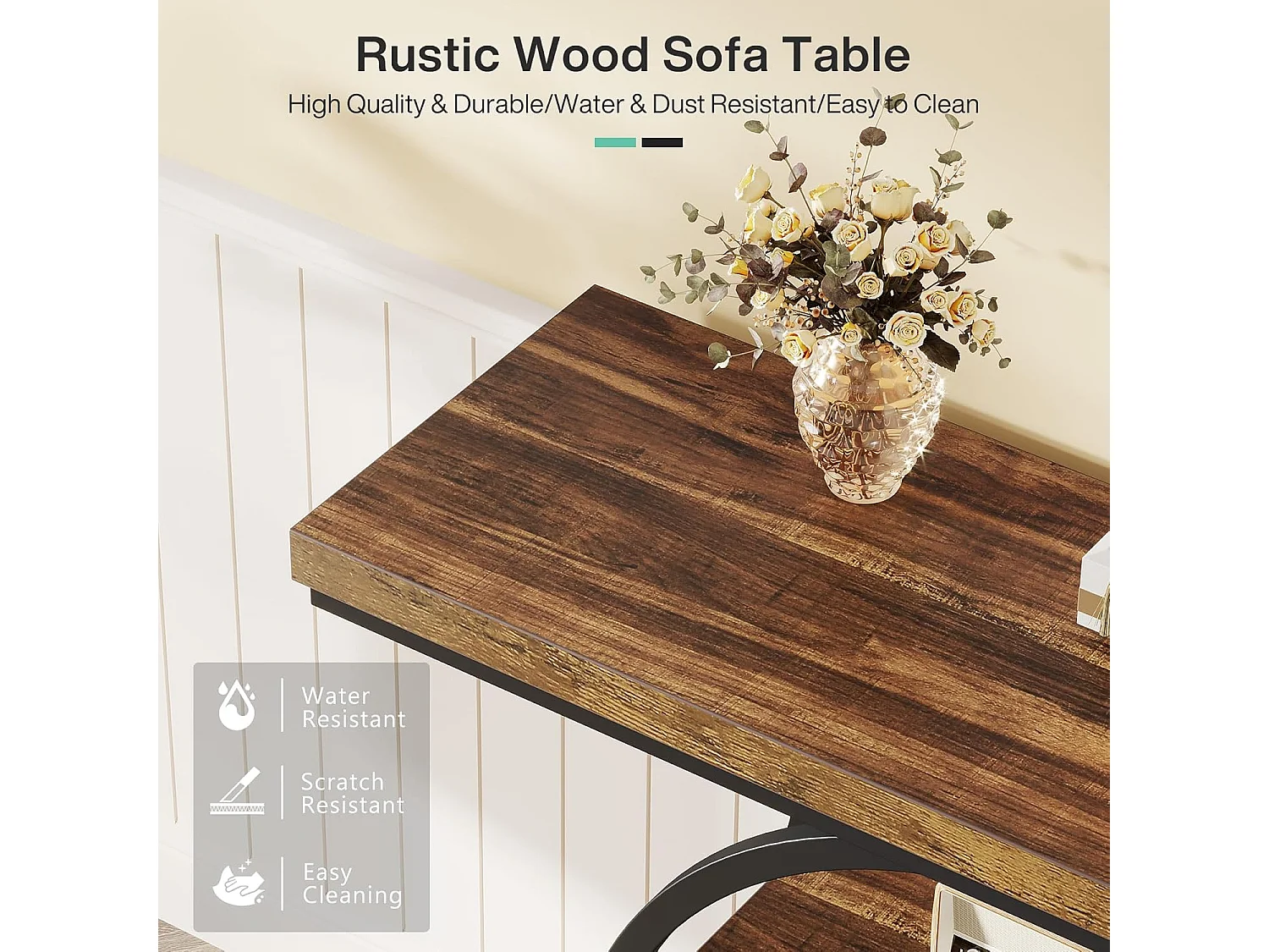 Mesa consola industrial de 4 niveles de 41,5" con base circular, mesas auxiliares estrechas de madera con estantes de almacenamiento para sala de estar, pasillo, vestíbulo, marrón rústico