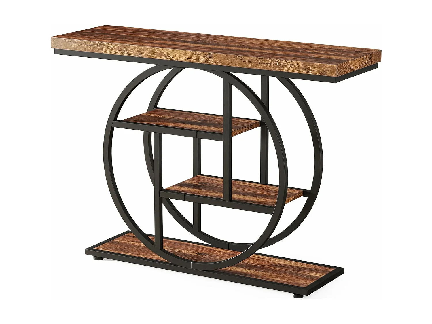 Mesa consola industrial de 4 niveles de 41,5" con base circular, mesas auxiliares estrechas de madera con estantes de almacenamiento para sala de estar, pasillo, vestíbulo, marrón rústico