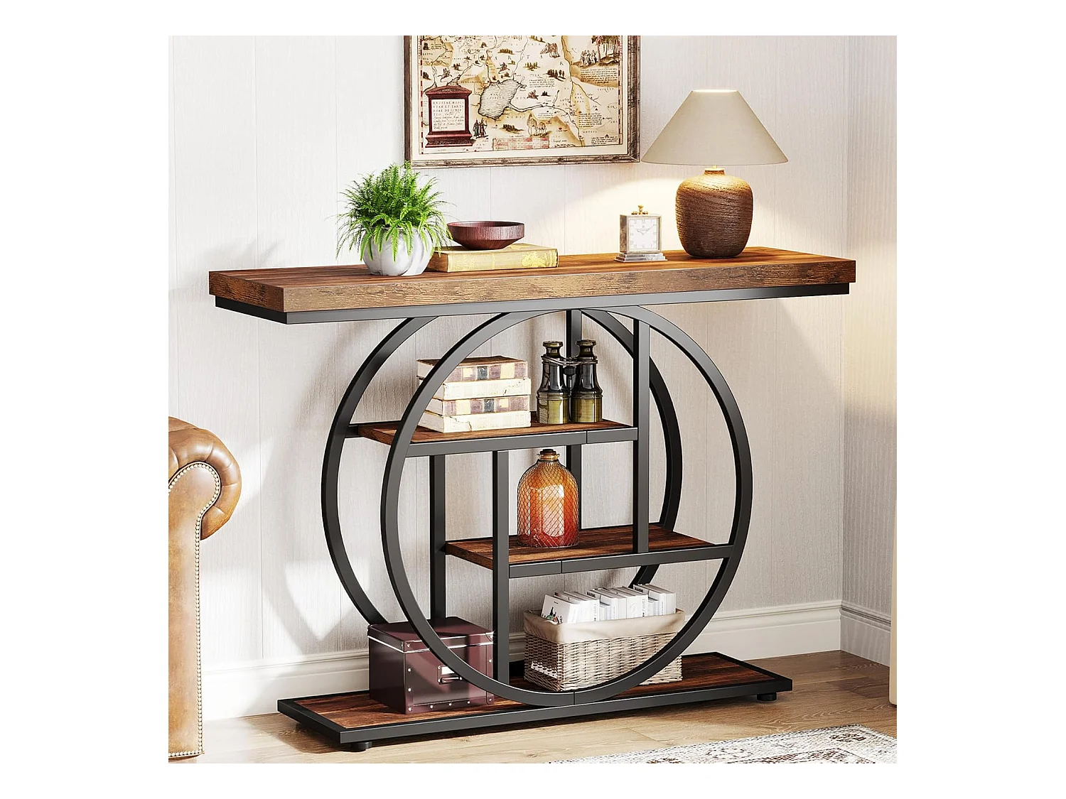 Table console industrielle à 4 niveaux avec base circulaire, tables d'appoint étroites en bois avec étagères de rangement pour salon