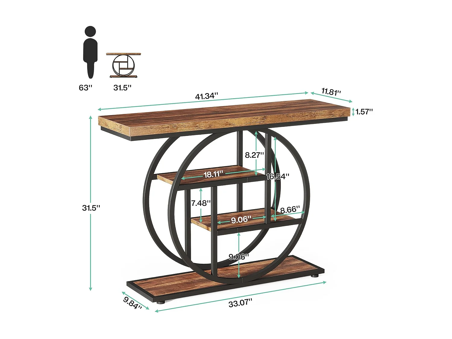 Table console industrielle à 4 niveaux avec base circulaire, tables d'appoint étroites en bois avec étagères de rangement pour salon
