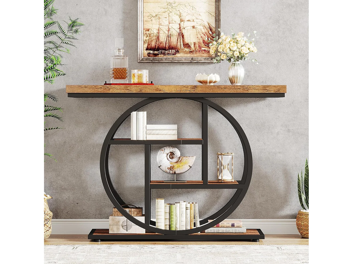 Table console industrielle à 4 niveaux avec base circulaire, tables d'appoint étroites en bois avec étagères de rangement pour salon