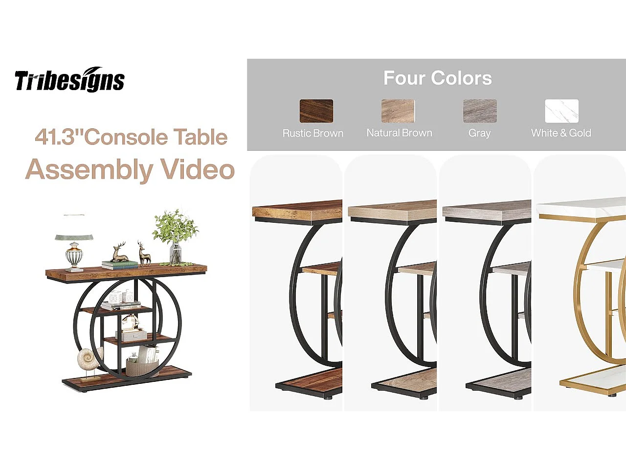 Table console industrielle à 4 niveaux avec base circulaire, tables d'appoint étroites en bois avec étagères de rangement pour salon