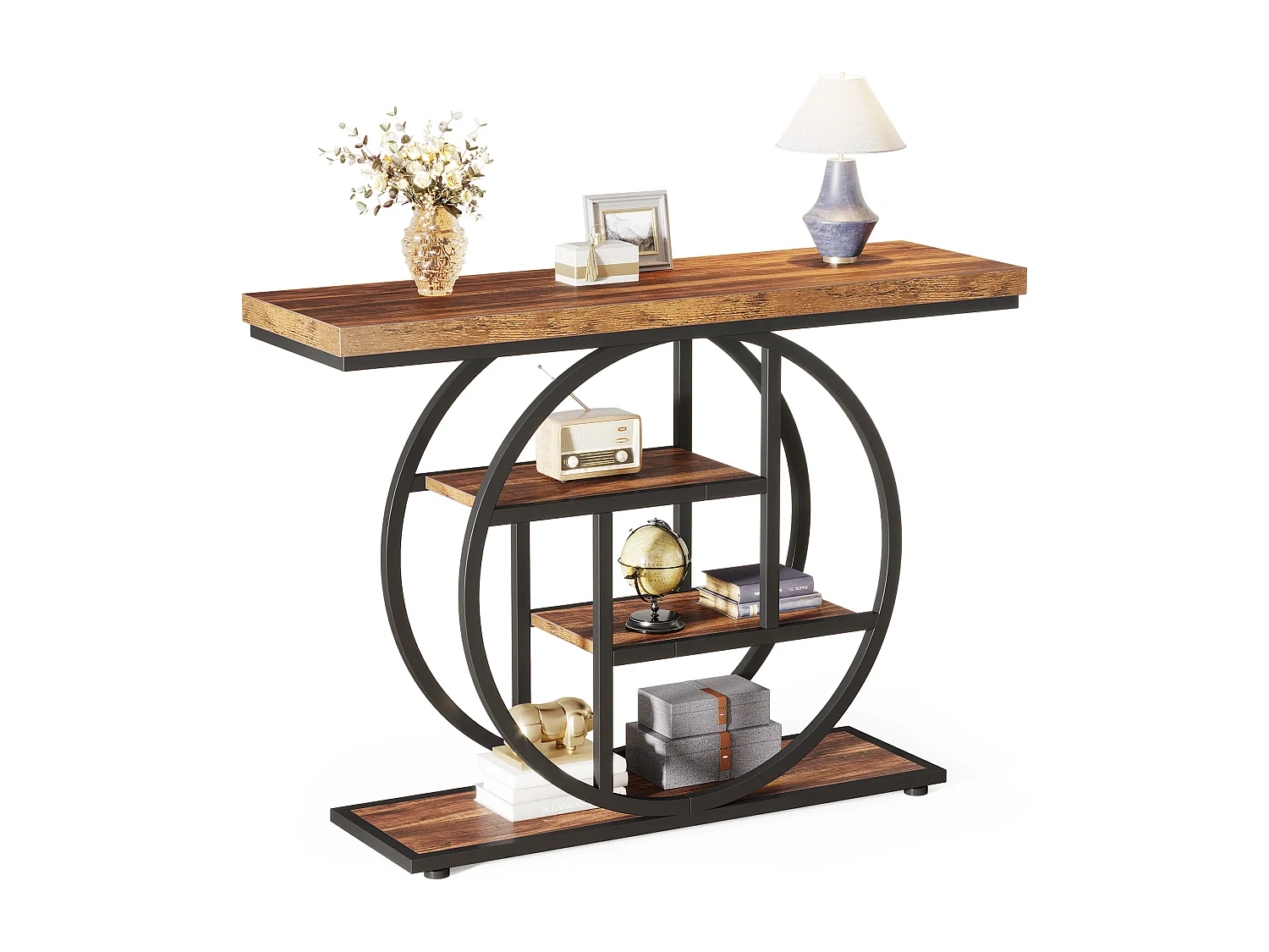 Table console industrielle à 4 niveaux avec base circulaire, tables d'appoint étroites en bois avec étagères de rangement pour salon