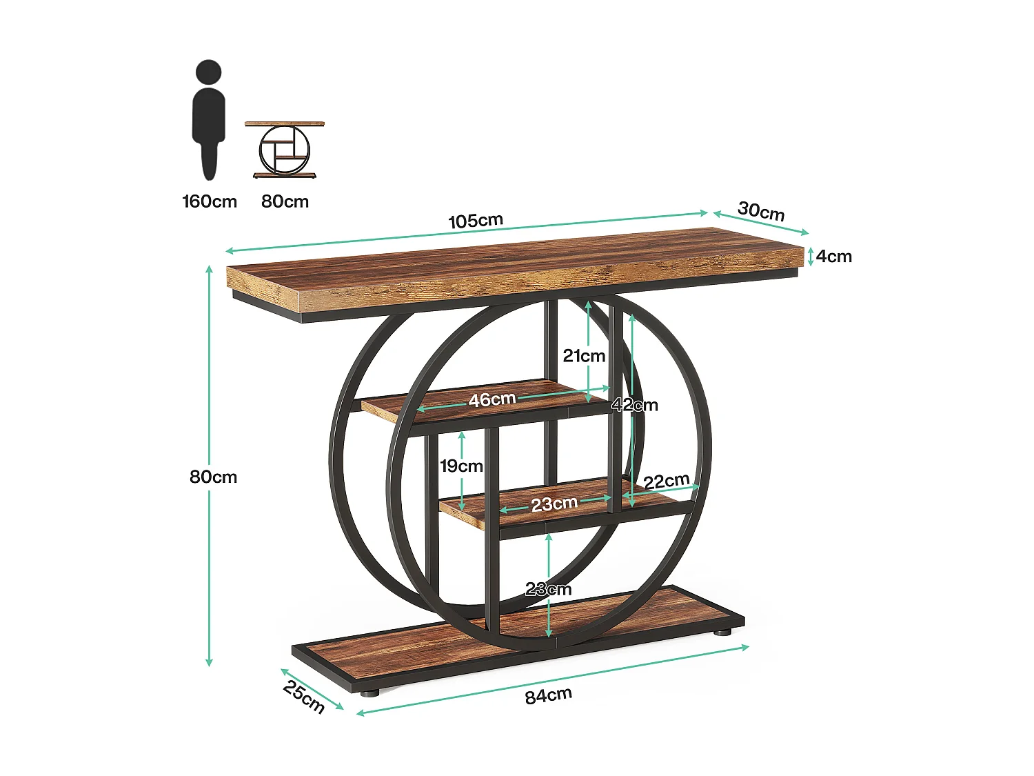 Table console industrielle à 4 niveaux avec base circulaire, tables d'appoint étroites en bois avec étagères de rangement pour salon